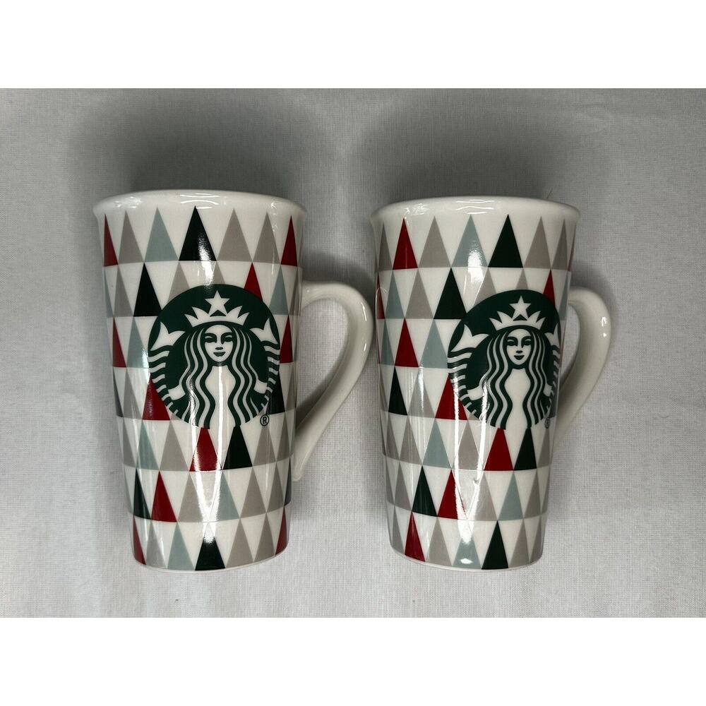 Starbucks Holiday Christmas Tree Triangle Tall Coffee Cup Mug 16oz Set of 2 - Picture 2 of 6